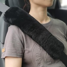 2pc Soft Genuine Sheepskin Wool Auto Seat Belt Cover 2pcs-13.7inch Black Long