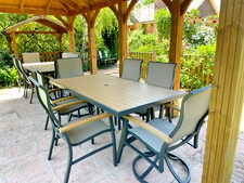 Patio table, (1)metal with metal wood effect table top 6 chairs (2Swivel & tilt)