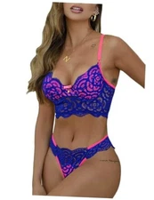  Neon Two Tone, Double Layer, High Leg Bottom, 2 Pieces Lingerie 2-4 Blue