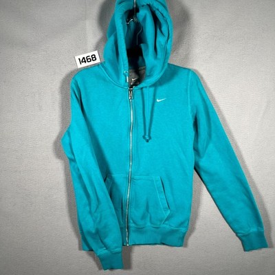 Nike Jacket Womens Small Teal Blue Swoosh Logo Fleece Ribbed Hem Long Sleeve