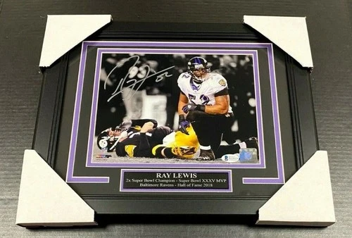 RAY LEWIS AUTOGRAPHED RAVENS OVER BEN ROETHLISBERGER FRAMED 8X10 PHOTO BAS COA