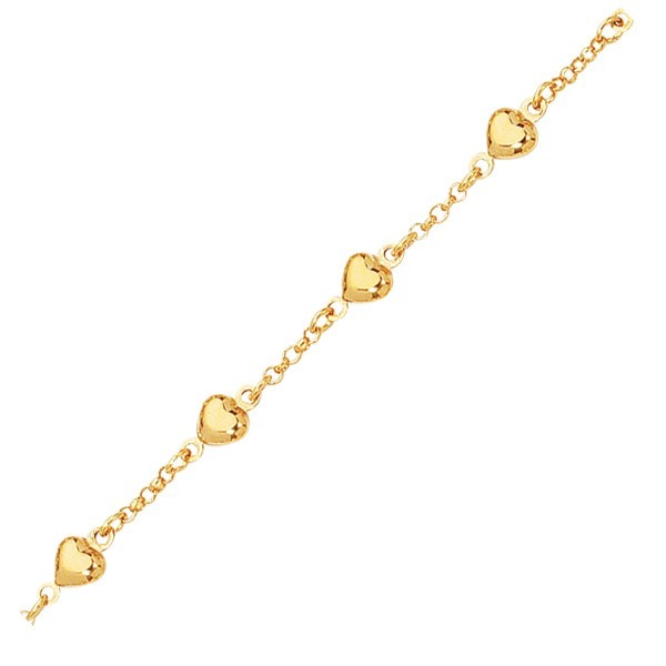 $50.00 off with code FANCY 14k Yellow Gold 10" Cable Rolo Chain +Puffed HEART Link Anklet/Bracelet 5.2 Gr 