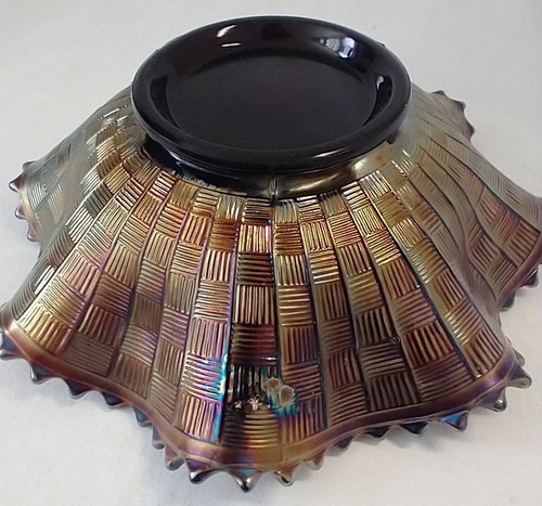 Northwood Carnival Glass Amethyst "GREEK KEY" Ruffled Bowl Antique Deco FLAWS - Picture 11 of 15