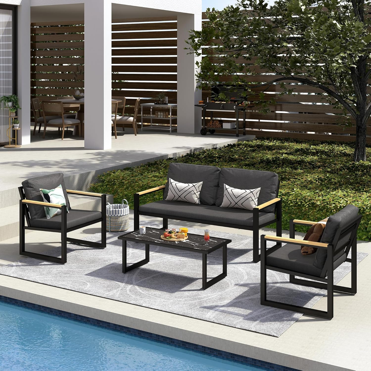 4-Piece Patio Furniture Set, Outdoor Aluminum Conversation Sofa Sets with Coffee