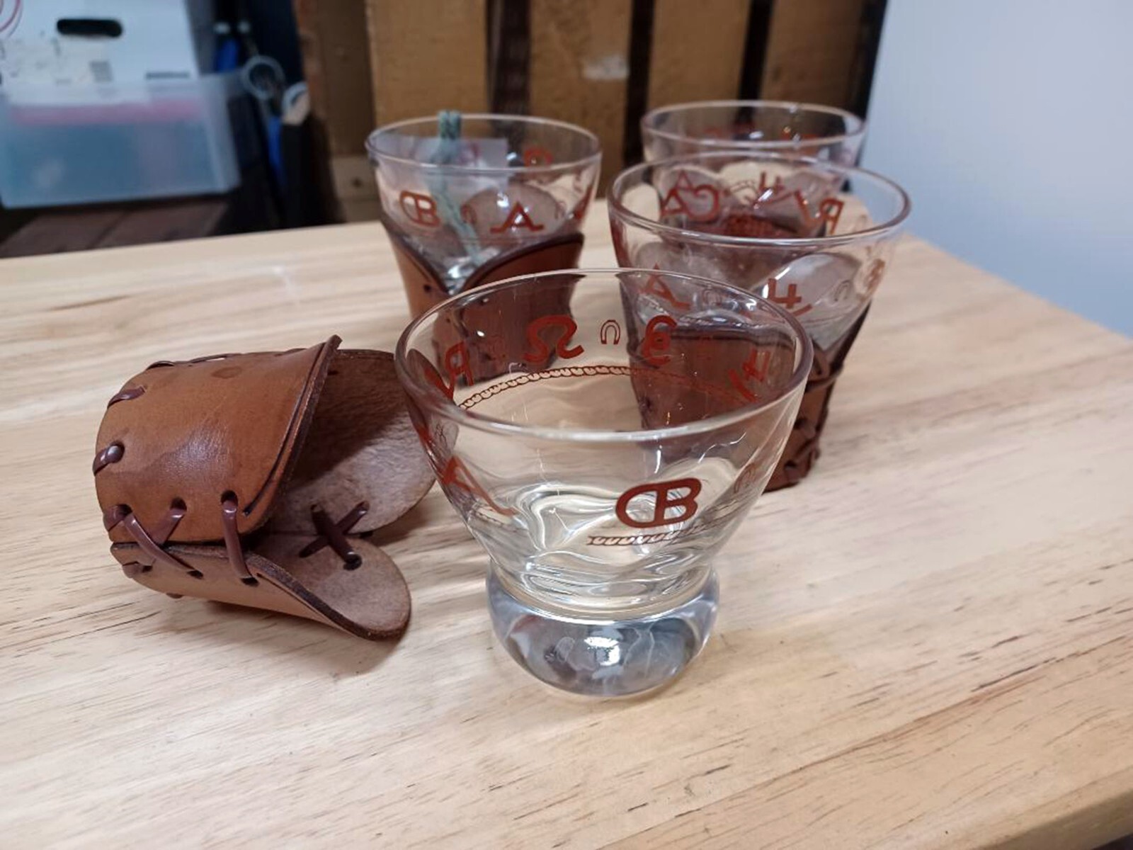 Set of 4 Libbey Bamco Western Shot Glasses Cowboy Tooled Leather