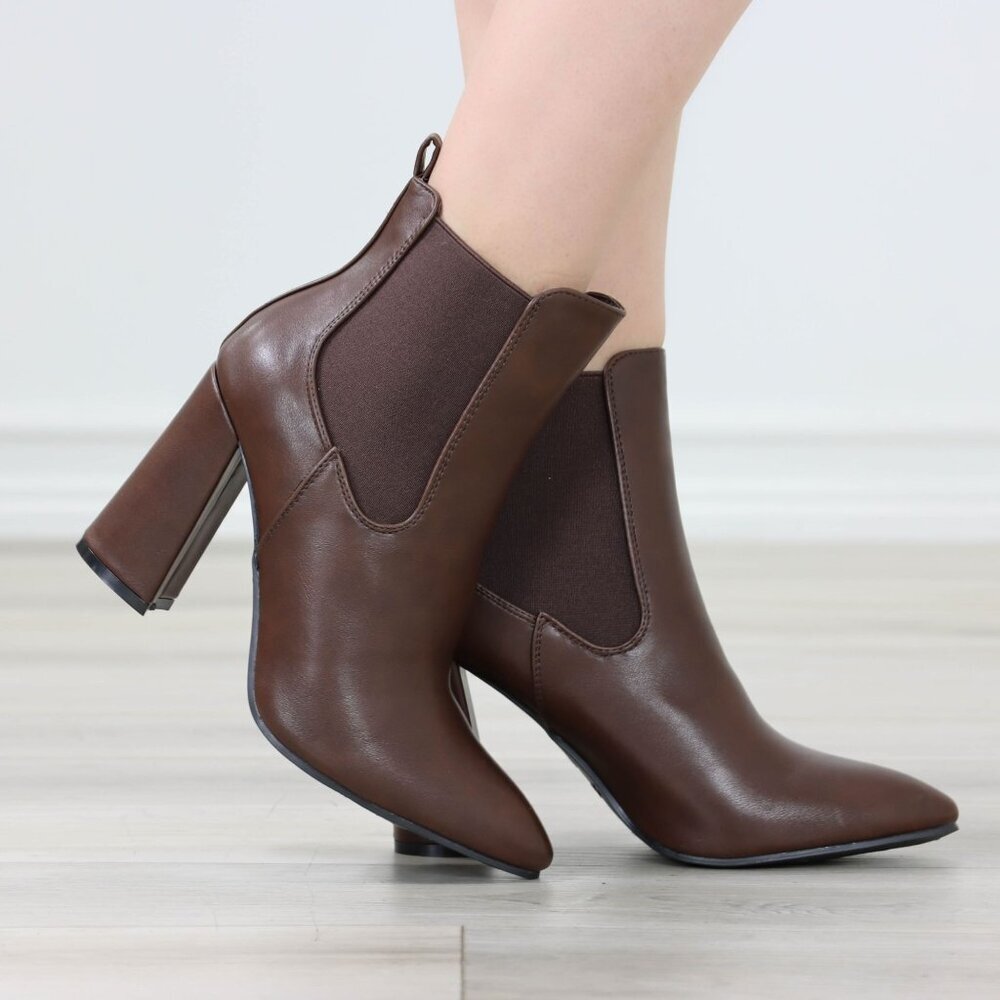 Womens Pointed Toe Elastic Ankle Boots Block High Heel Brown