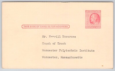 Worcester Polytechnic Institute Track Coach Request for Cafeteria Meals Postcard