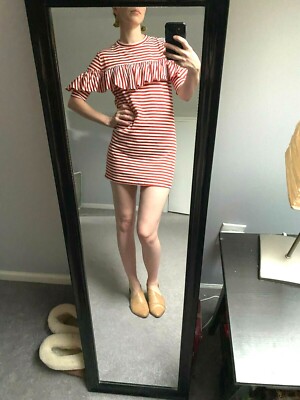 red and white striped bodycon dress MADE IN ITALY sz M / L Ruffle Mini (label XXXL) modern cheongsam Imported Product measurements Color:As Photo Navy Blue Black Pencil Mini Dress