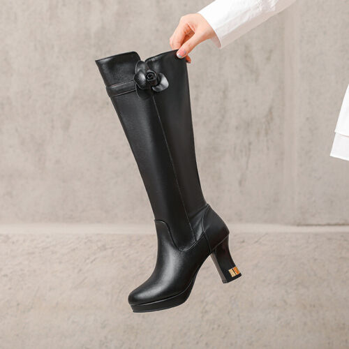 Retro Western British Mujeres Botas Hasta la Rodilla Caballero Montar Bloque Tacones Cremallera Talla - Imagen 7 de 26