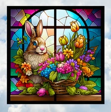 Spring Bunny, Flower Basket Faux Stained-Glass WINDOW CLING Size 8" Square Vinyl