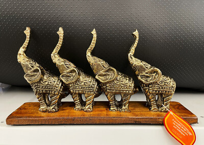 Decorative Handcrafted Brass Elephant Herd Statue on Wooden Base Free Shipping