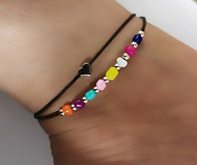 Multicoloured Silver Heart Anklet Seed Bead Festival One size(CAN BE MADE LARGER