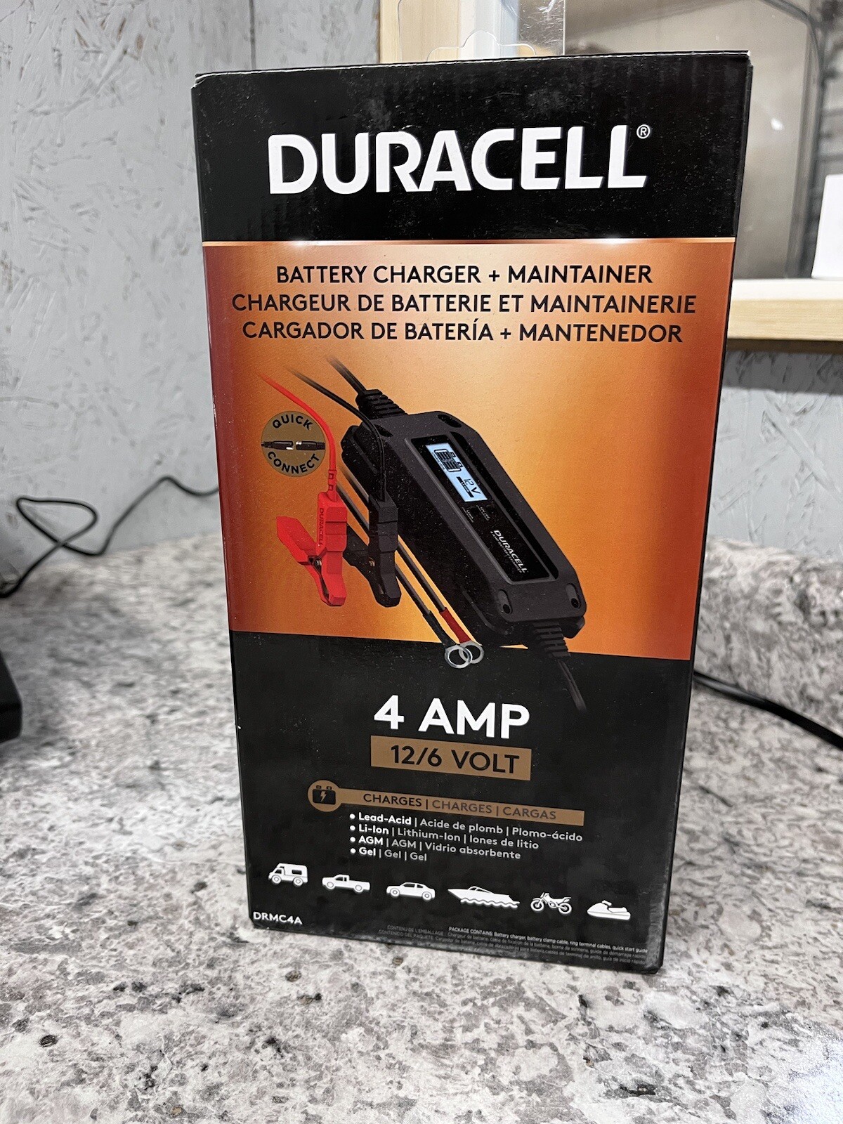 New Duracell Battery Charger + Maintainer 4 AMP 12/6 Volt Quick Connect DRMC4A