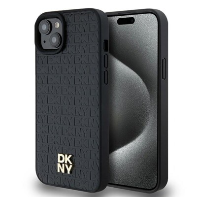 DKNY Muster Metall Logo Hülle für iPhone 15 mit MagSafe - schwarz