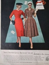1956 Womens R&K originals red and brown Avisco fabric dresseS vintage Fashion ad