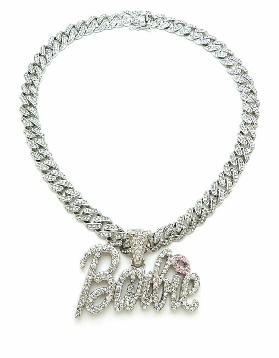 NICKI BARBIE PENDANT MIAMI CUBAN LINK CHAIN NECKLACE SILVER BARBS RAPPER  ICEY