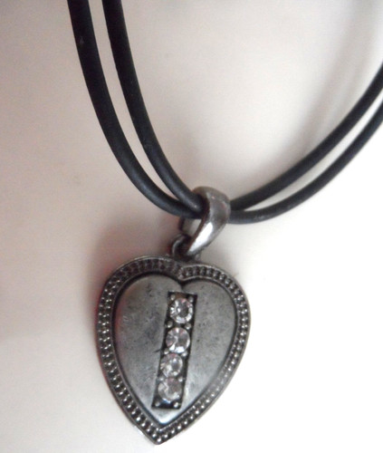 Vintage Necklace - PEWTER HART w/4 FACETED CRYSTALS ON 2 BLACK CORDS - 17"