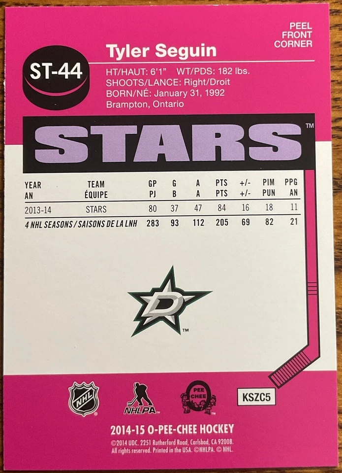2014-15 O-Pee-Chee Stickers Tyler Seguin #ST-44 Dallas Stars - Image 2 of 2