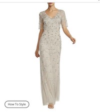 Adrianna Papell Beaded Mesh Mother of the Bride Dress Biscotti size 10 MSRP 369