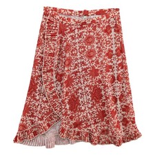 Delfi Collective Midi Skirt Red Cream Floral Ruffle Hem Boho Made in USA Size S