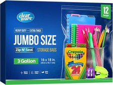 12 Large Storage Bags With Zipper Top - 3 Gallon Size, Large, X-Large, Clear