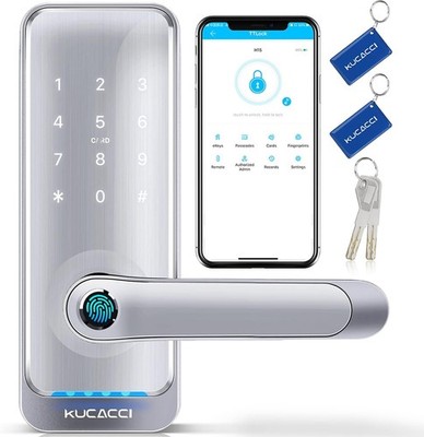 Kucacci Smart Door Lock Keypad Handle Silver Keyless Entry Fingerprint Retrofit