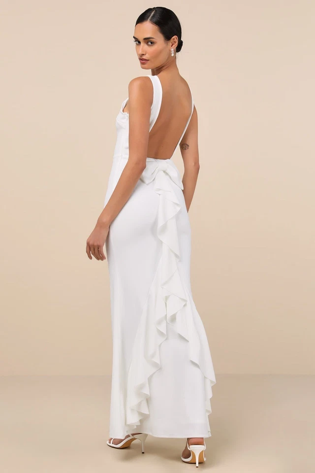 Maxi Vestido de Novia Lulus Marfil Sin Espalda Lazo Volantes - Talla XXS Foto 2 de 4