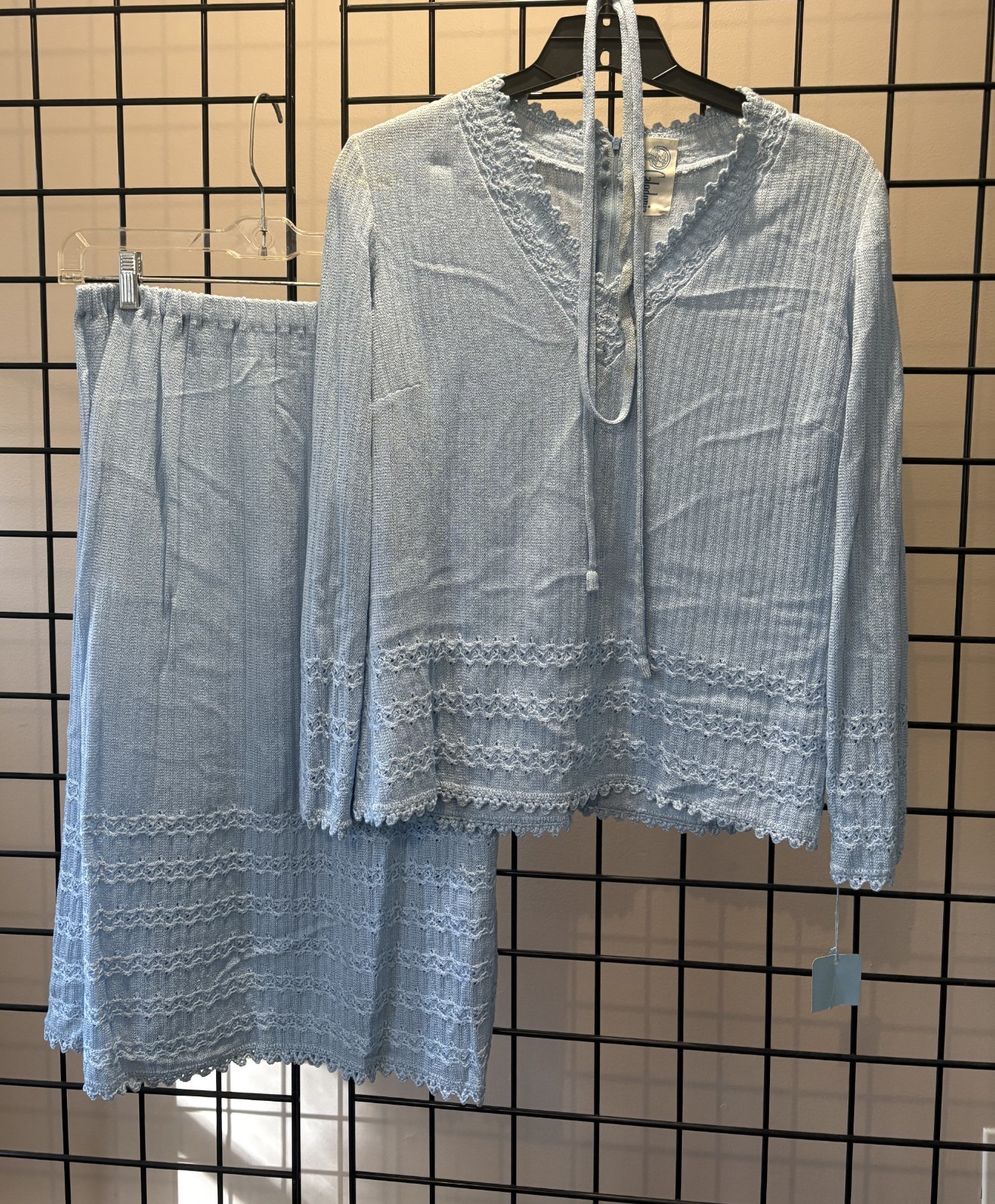 Vintage 1970s Blue Pointelle Skirt & Top Set NOS Old Stock M