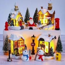 16 Pieces Christmas Village Set - Battery Operated Houses, Xmas Town Scene Deskt