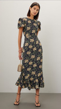 RHODE Midi Dress Sz 6 Black Mosaic Floral Print Tulip Hem Short Sleeves Lulani