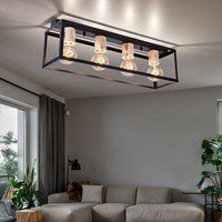 Holzleuchte Deckenleuchte Wohnzimmerlampe Rahmen Schwarz Natur 4 Flammig L 75 Cm