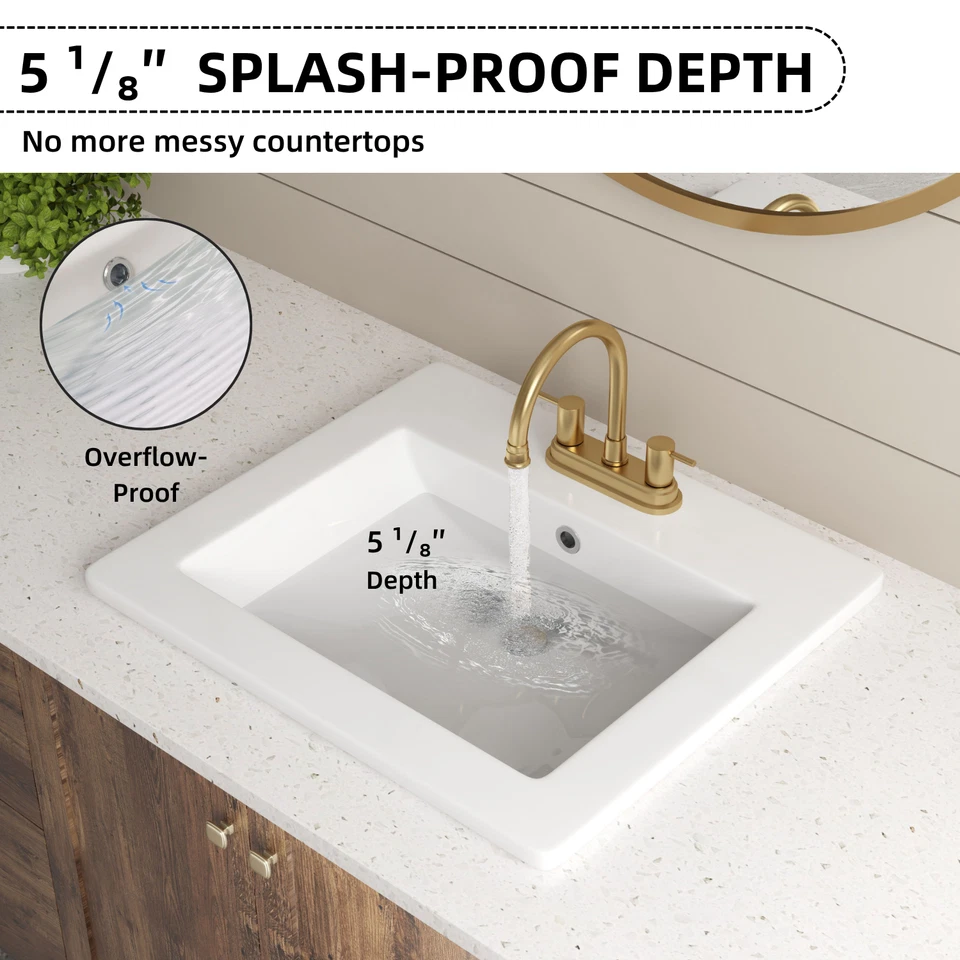 21"x18" White Drop-In Bathroom Sink Ceramic Rectangular 4" Centerset Faucet Hole - Image 3 of 4