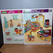 Sesame Street Frame Tray Puzzles Ernies Bath Time A Visit To The Library Lot VTG