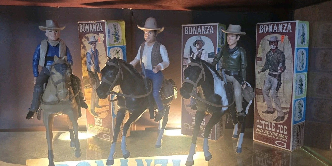 Bonanza American Character Figure Set Hoss Joe Ben Cartwright w/ Horses + Boxes