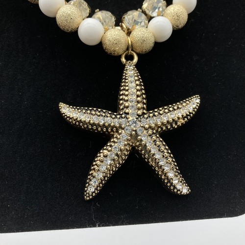Vintage Clear Rhinestone White Beaded, Gold Tone Starfish Pendant Necklace, 16'' - Picture 5 of 12