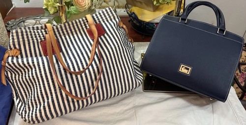 Dooney Bourke Bundle Lot Tote Satchel Purses Navy Blue White Leather Stripe Bags - Picture 4 of 24
