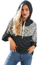 Sugarfox Knit Hoodie Woman’s Sz-M Long  Sleeve Black/Off White Aztec Hacci
