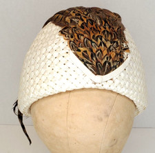 Hat 1960's Mod Valerie Modes White sisal straw helmet Vintage style, pheasant fe