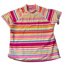 Lands End Girls Striped Short-Sleeve Rash Guard Swim Shirt M 10-12 Polyester UPF