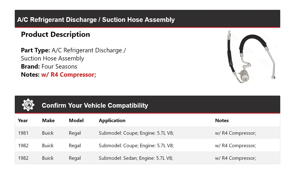 Комплект из 4 сезонов для разгрузки хладагента/всасывающего шланга переменного тока Buick Regal 1981-1982 годов выпуска - Изображение 2 из 4