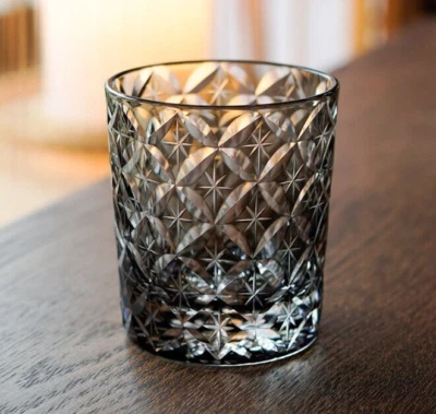 UNMARKED Edo Kiriko Glass Whiskey Glass Tumbler Japanese Style Hand Cut To Star 9oz Gray