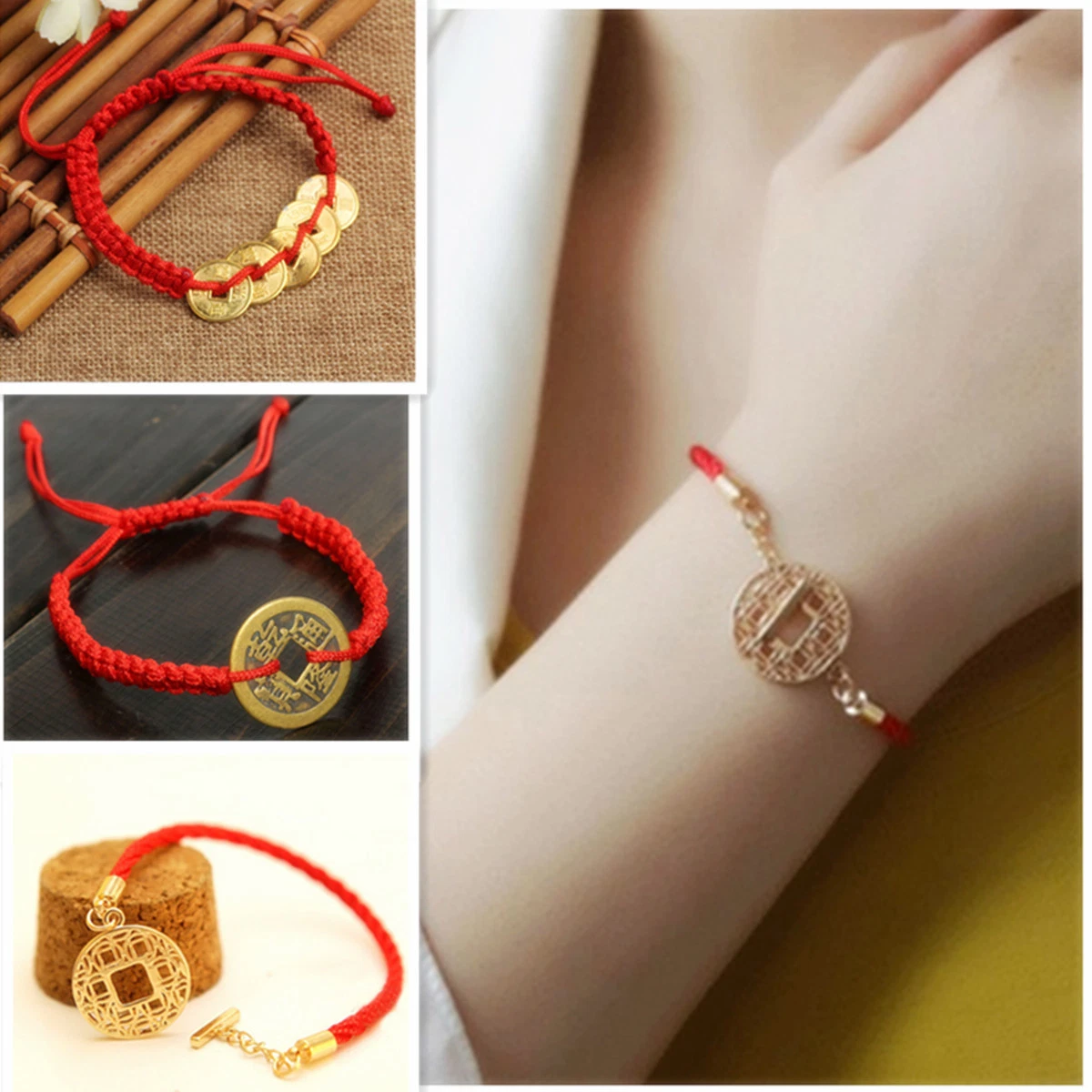 Chinese Lucky Red Thread Good Luck Coin Rope Feng Shui Bracelet