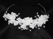 Bridal Tiara Hair Accessory Cubic Zirconia Ivory Organza Pearl Wreath Tiara 4431