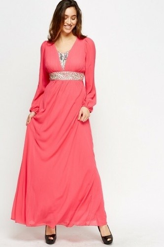 LADIES ENCRUSTED SHEER RUCHED MAXI PARTY DRESS SIZE 8-10 - Picture 7 of 10