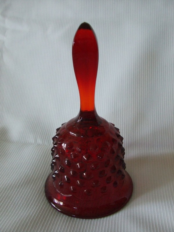 Vintage Fenton deep red hobnail bell, paper clip clapper