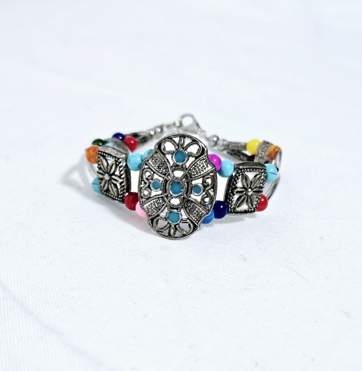 Silver Tone Bracelet Different Colored Beads Silver & Turquoise
