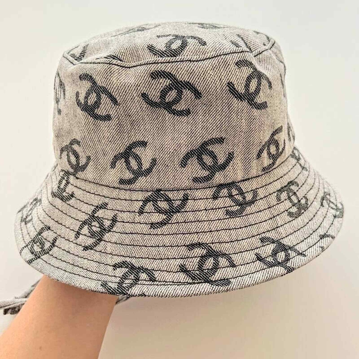 Chanel 22S Black White Grey Denim Fabric CC Logo Sun Cloche