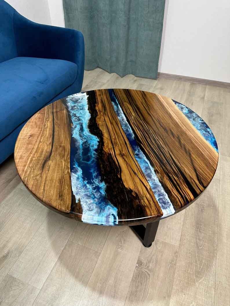 Round Natural Wood Epoxy, Resin Round Wood Table, Kitchen Dining Table Top Decor-image