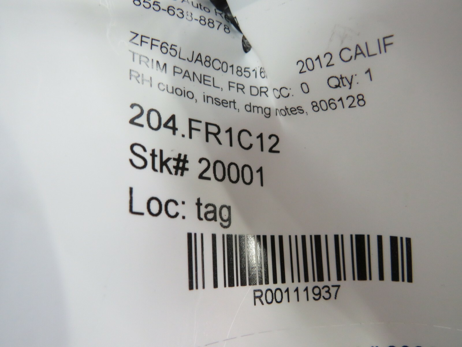 Ferrari California, RH, Front Door Trim Panel Insert, Dmg, Used, P/N 806128