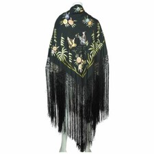 Art Deco Silk Embroidered Shawl People w Floral Embroidery As Is